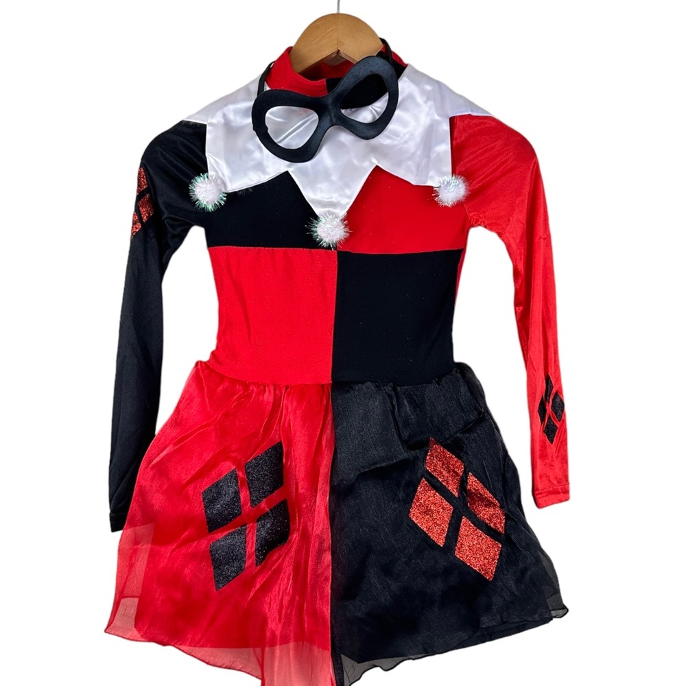 Girls Harley Quinn Dress Mask Halloween Cosplay Costume DC Comics Villain M 8-10